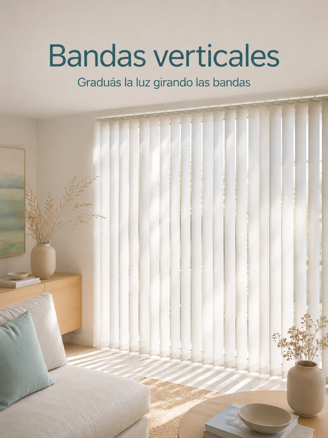 Cortina de bandas verticales blancas con la luz del sol filtrándose