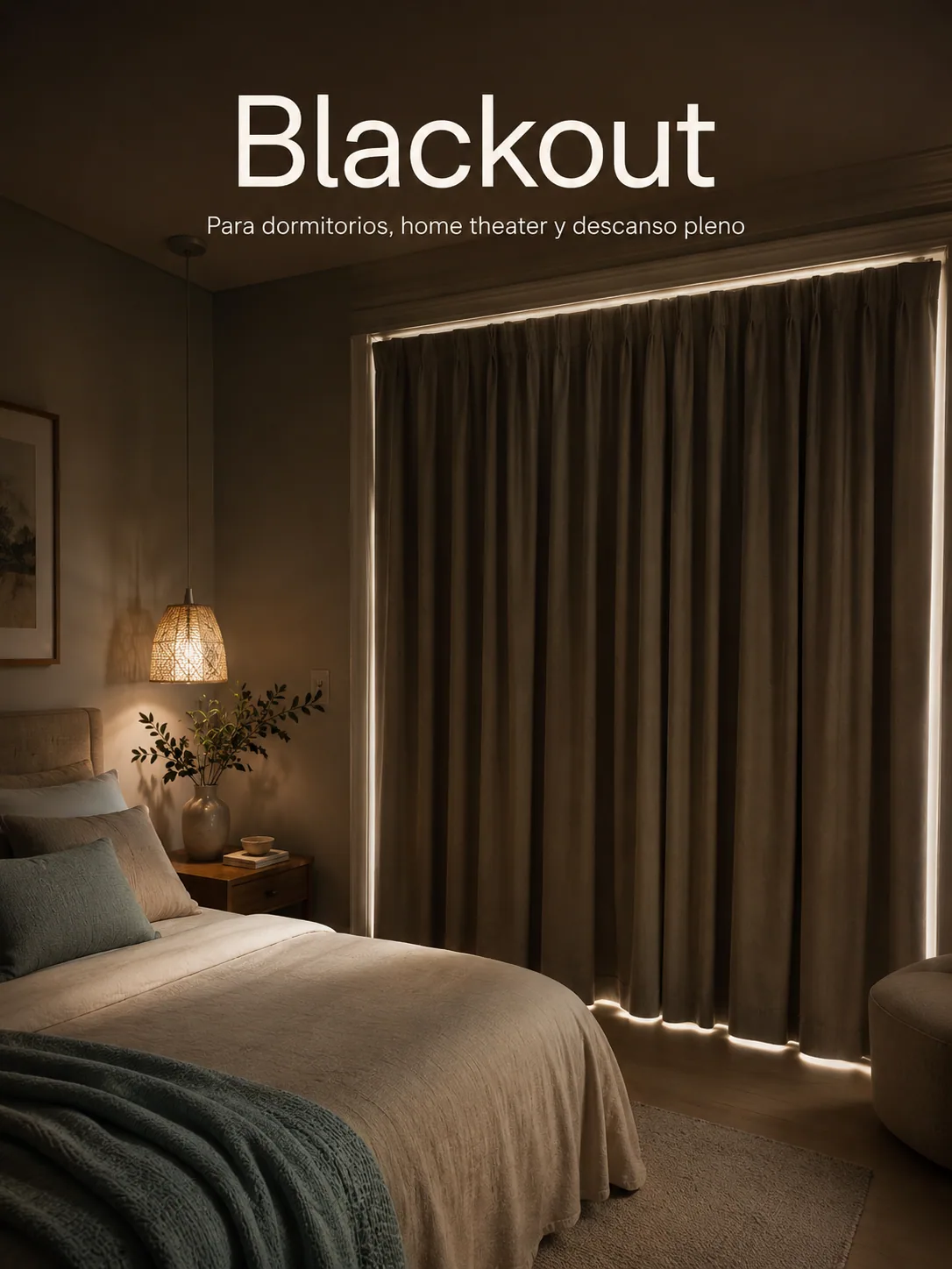 Cortina blackout que bloquea la luz en un dormitorio en penumbra
